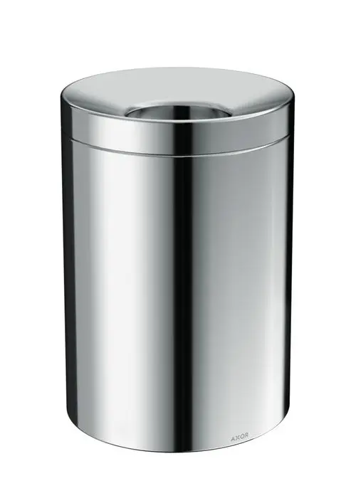 Runder Abfalleimer in glänzendem Chrom-Finish. Das elegante Design zeigt das Markenlogo AXOR an der unteren Seite. Geeignet für verschiedene Innenräume.